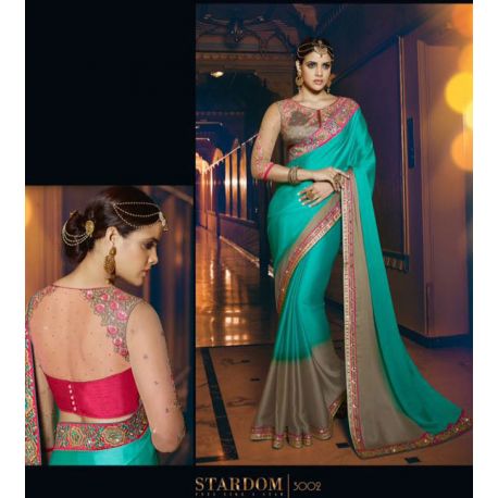 Sari indien violet et turquoise brodé de pierres et strass