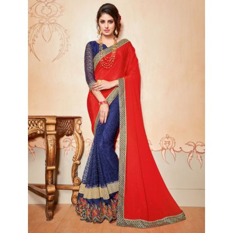 Sari indien rouge et bleu brodé de pierres et strass