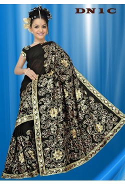 Sari noir brodé de sequin doré mode indienne traditionnel et pas cher