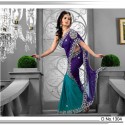 Sari Indien violet et turquoise brodé de pierres et strass